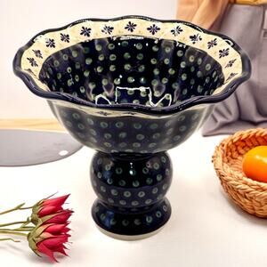 Hand Painted Polish Pottery Pedestal Bowl Grapes Artist Signed